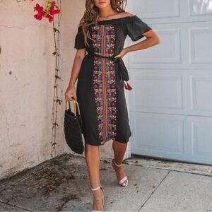 Vici Black Embroidered Midi Dress